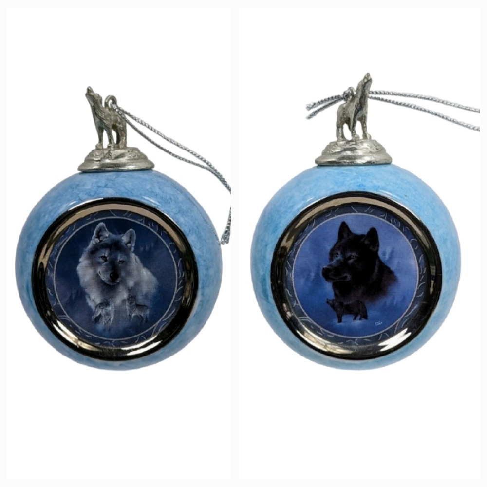 2 ~ The Bradford Editions 1997 WOLF Ornaments Black Knight Silver Scout VINTAGE